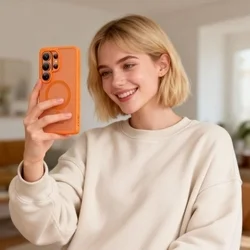 Telefontok Samsung Galaxy S26 Ultra - Tech-Protect Magmat - MagSafe kompatibilis áttetsző műanyag hátlap tok, narancssárga szilikon kerettel-5