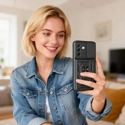 Telefontok Samsung Galaxy A27 5G - Camshield - fekete szilikon tok, kitámasztó ujjgyűrűvel, csúsztatható kameravédővel-3