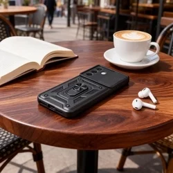 Telefontok Samsung Galaxy A27 5G - Camshield - fekete szilikon tok, kitámasztó ujjgyűrűvel, csúsztatható kameravédővel-5