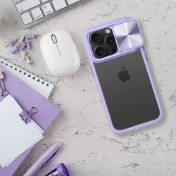 Telefontok iPhone 14 Pro - Slider csúsztatható kameravédős lila keretes hátlap tok, műanyag átlátszó hátlappal-3