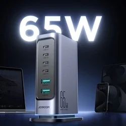 Hálózati töltő: Joyroom JR-TCM02 - 4 Type-C (USB-C) / 2 USB porttal, hálózati töltő, szürke, 65W-5