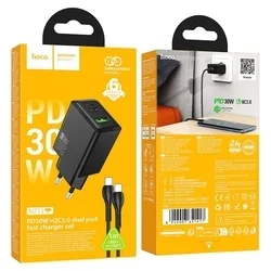 HOCO N71 - USB / Type-C (USB-C) portos fekete hálózati gyors töltőfej, 30W + Type-C / Type-C (USB-C) kábel, 1m-4