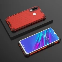 Telefontok Huawei P30 Lite - Hexagon mintás ütésálló áttetsző piros műanyag tok, szilikon peremmel-1