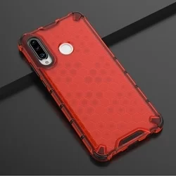 Telefontok Huawei P30 Lite - Hexagon mintás ütésálló áttetsző piros műanyag tok, szilikon peremmel-2