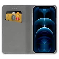 Telefontok iPhone 12 Pro Max - arany mágneses átlátszó szilikon keretes könyvtok-1