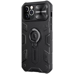 Telefontok iPhone 12 - Nillkin csúsztatható kameravédős, ütésálló, kitámasztható fekete hátlap tok-2