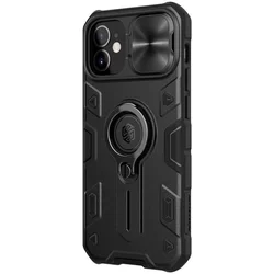 Telefontok iPhone 12 mini - Nillkin csúsztatható kameravédős, ütésálló, kitámasztható fekete hátlap tok-1