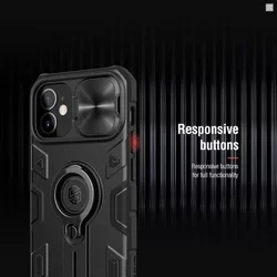 Telefontok iPhone 12 mini - Nillkin csúsztatható kameravédős, ütésálló, kitámasztható fekete hátlap tok-2