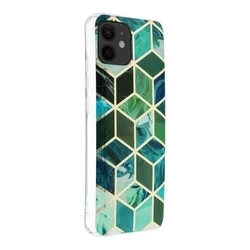 Telefontok iPhone 12 mini - COSMO Marble d8 - Zöld mintás műanyag hátlap tok, szilikon kerettel-1