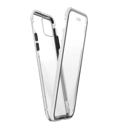 Telefontok iPhone 12 - Magneto ezüst, mágneses fém keretes tok, átlátszó üveg elő + hátlappal-3