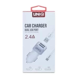 Autós töltő UNIQ - 2 USB portos fehér szivartöltőfej 2,4A + fehér USB / Type-C (USB-C) kábel, 1m-3