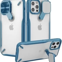 Telefontok iPhone 12 - Nillkin Cyclops - áttetsző kemény hátlaptok, kék szilikon kerettel, kitámasztható kamerafedéllel-3