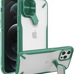Telefontok iPhone 12 - Nillkin Cyclops - áttetsző kemény hátlaptok, zöld szilikon kerettel, kitámasztható kamerafedéllel-3