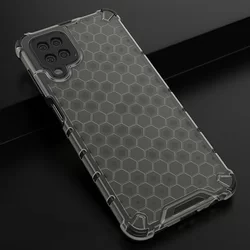 Telefontok Samsung Galaxy A12 - Hexagon mintás ütésálló fekete áttetsző műanyag tok, szilikon peremmel-3