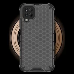 Telefontok Samsung Galaxy A12 - Hexagon mintás ütésálló fekete áttetsző műanyag tok, szilikon peremmel-4