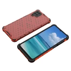 Telefontok Samsung Galaxy A12 - Hexagon mintás ütésálló piros áttetsző műanyag tok, szilikon peremmel-1