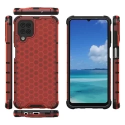 Telefontok Samsung Galaxy A12 - Hexagon mintás ütésálló piros áttetsző műanyag tok, szilikon peremmel-3