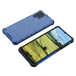Telefontok Samsung Galaxy A12 - Hexagon mintás ütésálló kék áttetsző műanyag tok, szilikon peremmel-1