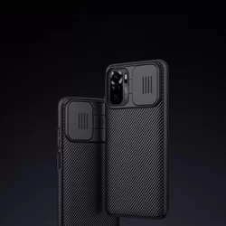 Telefontok Xiaomi Redmi Note 10 - Nillkin csúsztatható kameravédős fekete hátlap tok-1