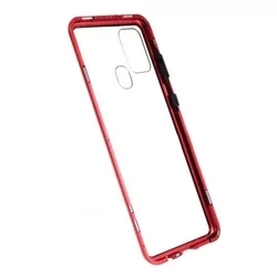 Telefontok Samsung Galaxy A21s - Magneto piros, mágneses fém keretes hátlap tok, átlátszó üveg elő + hátlappal-1