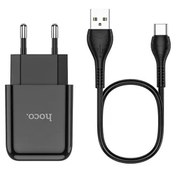Töltő: HOCO N2 - USB portos fekete hálózati töltőfej 2A + USB / Type-C (USB-C) adatkábel (1m)-2
