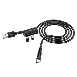Töltő: HOCO U98 - 3in1 USB fekete szövetkábel, cserélhető mágneses Type-C/MicroUSB/Lightning fejekkel,2,4A-1