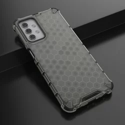 Telefontok Samsung Galaxy A32 5G - Hexagon mintás ütésálló fekete áttetsző műanyag tok, szilikon peremmel-3