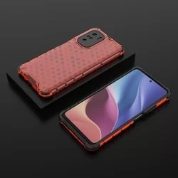 Telefontok Xiaomi Poco F3 / Xiaomi Mi 11i - Hexagon mintás ütésálló áttetsző piros műanyag tok, szilikon peremmel-3