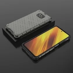 Telefontok Xiaomi Poco X3 NFC / Poco X3 Pro - Hexagon mintás ütésálló fekete áttetsző műanyag tok, szilikon peremmel-2