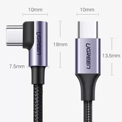 Kábel: UGreen-US255 - Type-C / Type-C (USB-C) fekete/szürke szövet kábel 1m (90 fokban elfordított csatlakozó véggel) 3A-5