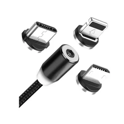 Töltő: Univerzális 3in1 USB fekete szövetkábel, cserélhető mágneses Type-C / MicroUSB / Lightning fejekkel,2,0A-1