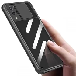 Telefontok Samsung Galaxy M22 - TECH-PROTECT csúsztatható kameravédős átlátszó fekete keretes hátlap tok-3