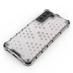 Telefontok Samsung Galaxy S21 FE - Hexagon mintás ütésálló áttetsző műanyag tok, szilikon peremmel-2