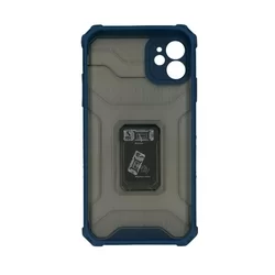 Telefontok iPhone 11 - Crystal Ring áttetsző szürke műanyag, ütésálló hátlap tok, kék szilikon kerettel + kitámasztóval-1