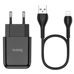 Töltő: HOCO N2 - USB portos fekete hálózati töltőfej 2A + USB / Lightning kábel (1m)-2