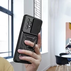 Telefontok Samsung Galaxy A53 5G - Camshield - fekete szilikon tok, kitámasztó ujjgyűrűvel, csúsztatható kameravédővel-3