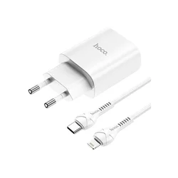 HOCO N14 - Type-C (USB-C) fehér hálózati töltőfej + Lightning / Type-C kábel, fehér 20W-1
