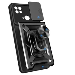 Telefontok Xiaomi Poco C40 - Camshield - fekete szilikon tok, kitámasztó ujjgyűrűvel, csúsztatható kameravédővel-1