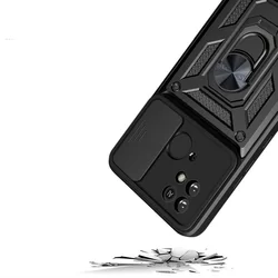 Telefontok Xiaomi Poco C40 - Camshield - fekete szilikon tok, kitámasztó ujjgyűrűvel, csúsztatható kameravédővel-2