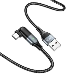 Kábel: HOCO U100 - USB / MicroUSB fekete szövet kábel 1,2m (180 fokban elfordított csatlakozó véggel) 2,4A-2