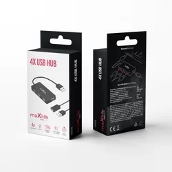 Adapter: MaxLife HUB - 4xUSB porttal + USB fekete kábel, 1,5m-3