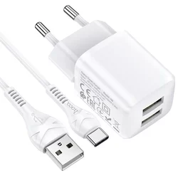 Töltő: HOCO N8 - 2xUSB portos fehér hálózati töltőfej 2,4A + USB / Type-C (USB-C) kábel (1m)-3