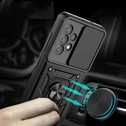 Samsung Galaxy A23 5G Telefontok - Camshield - fekete szilikon tok, kitámasztó ujjgyűrűvel, csúsztatható kameravédővel-2