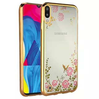 Telefontok Samsung Galaxy M10 - arany virág mintás köves szilikon tok
