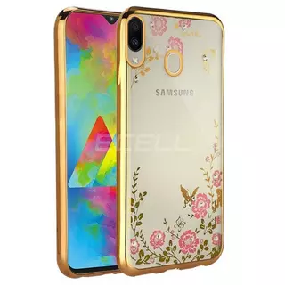 Telefontok Samsung Galaxy M20 - Szilikontok virág mintás strasszokkal arany kerettel