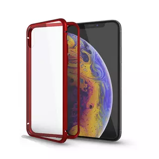 Telefontok Samsung Galaxy A40 - Magnetic piros, mágneses fém keretes tok, átlátszó üveg hátlappal