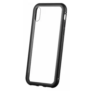 Telefontok iPhone 7 / 8 /SE 2020 - Magneto fekete, mágneses fém keretes hátlap tok, átlátszó üveg hátlappal