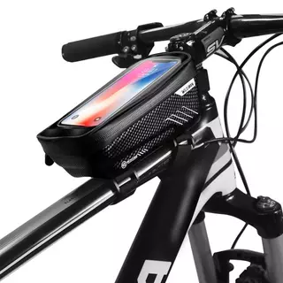 Biciklis tartó: WildMan - Univerzális, vízálló biciklivázra szerelhető, fekete telefon tartó táska tároló rekesszel