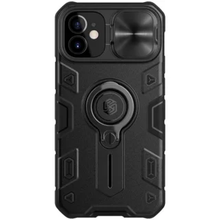 Telefontok iPhone 12 mini - Nillkin csúsztatható kameravédős, ütésálló, kitámasztható fekete hátlap tok