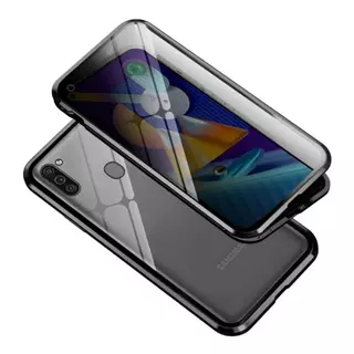 Telefontok Samsung Galaxy M11 - Magneto fekete, mágneses fém keretes hátlap tok, átlátszó üveg elő + hátlappal